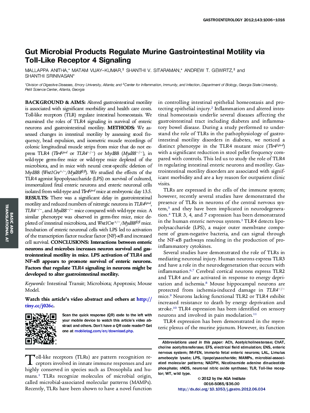 Gut Microbial Products Regulate Murine Gastrointestinal Motility via Toll-Like Receptor 4 Signaling