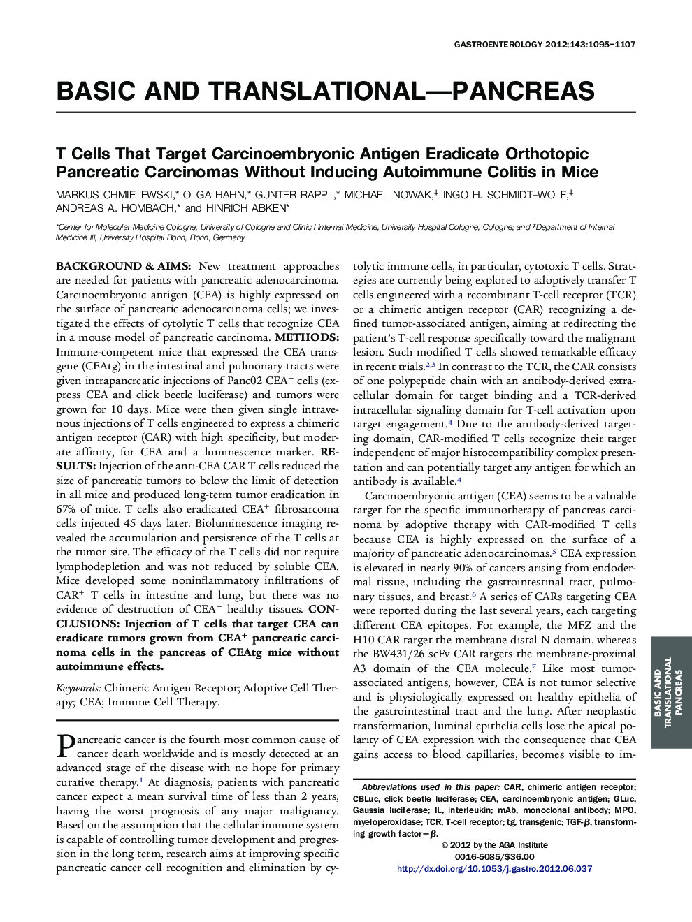 T Cells That Target Carcinoembryonic Antigen Eradicate Orthotopic Pancreatic Carcinomas Without Inducing Autoimmune Colitis in Mice