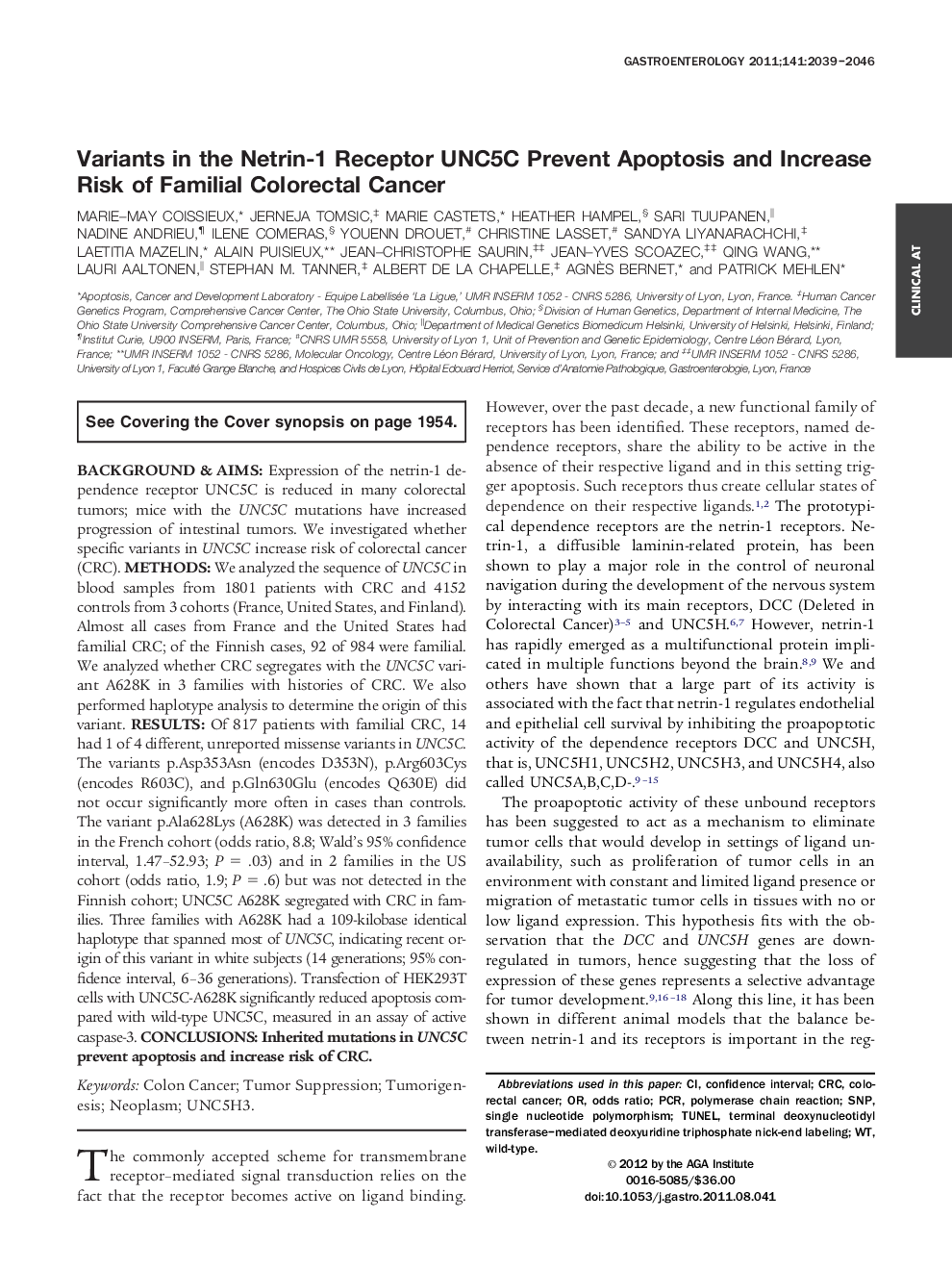 Variants in the Netrin-1 Receptor UNC5C Prevent Apoptosis and Increase Risk of Familial Colorectal Cancer 