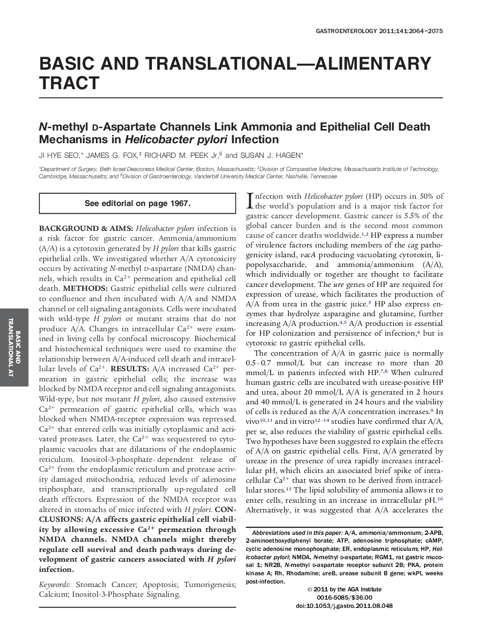 N-methyl d-Aspartate Channels Link Ammonia and Epithelial Cell Death Mechanisms in Helicobacter pylori Infection 