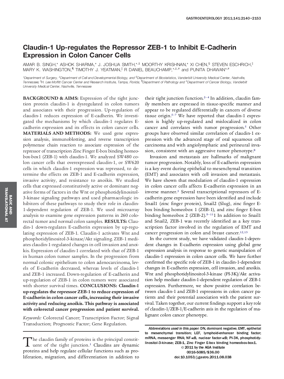 Claudin-1 Up-regulates the Repressor ZEB-1 to Inhibit E-Cadherin Expression in Colon Cancer Cells 