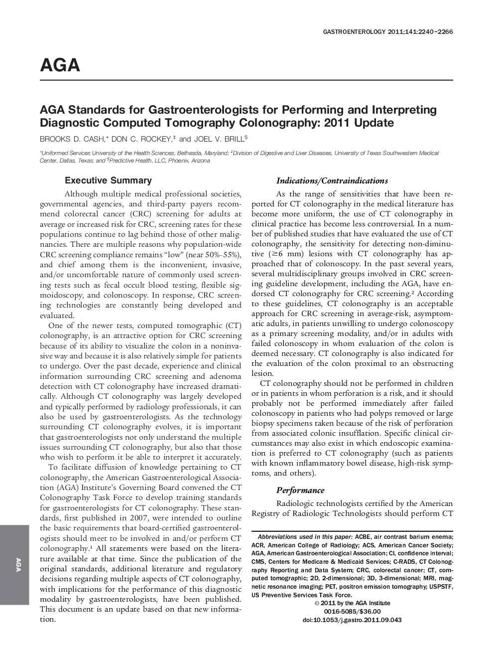 AGA Standards for Gastroenterologists for Performing and Interpreting Diagnostic Computed Tomography Colonography: 2011 Update