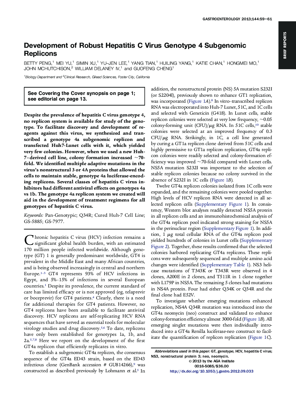 Development of Robust Hepatitis C Virus Genotype 4 Subgenomic Replicons