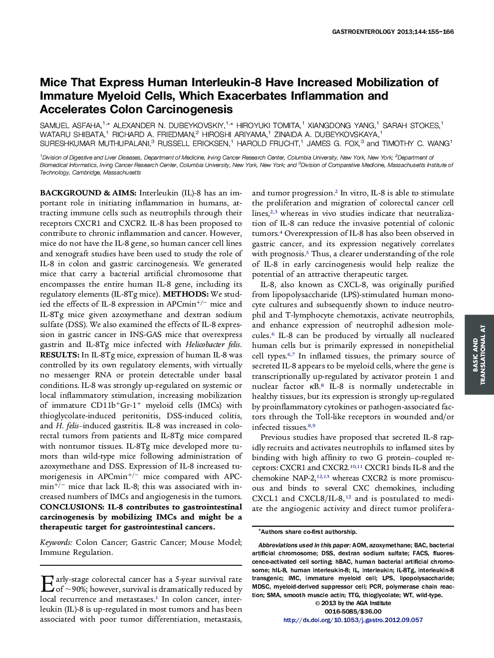 Mice That Express Human Interleukin-8 Have Increased Mobilization of Immature Myeloid Cells, Which Exacerbates Inflammation and Accelerates Colon Carcinogenesis 