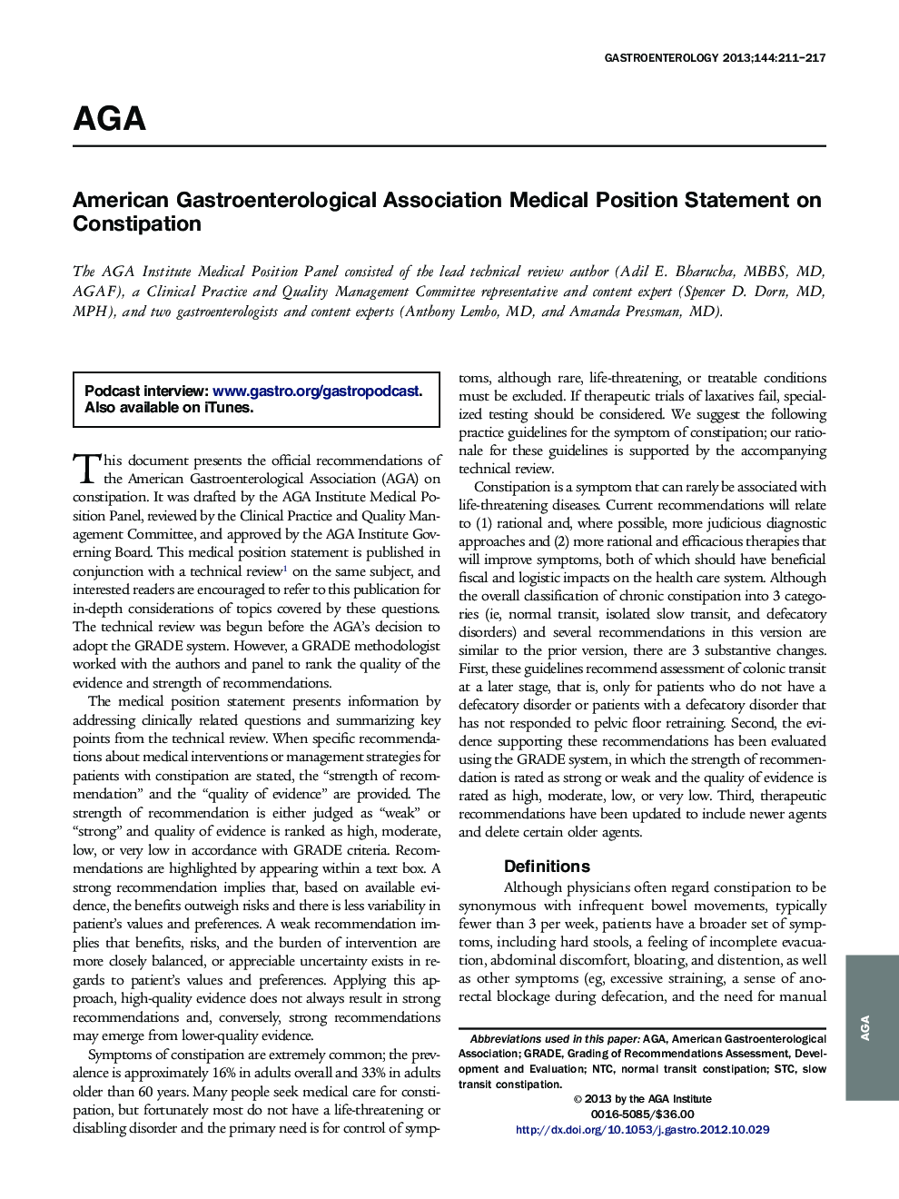 American Gastroenterological Association Medical Position Statement on Constipation