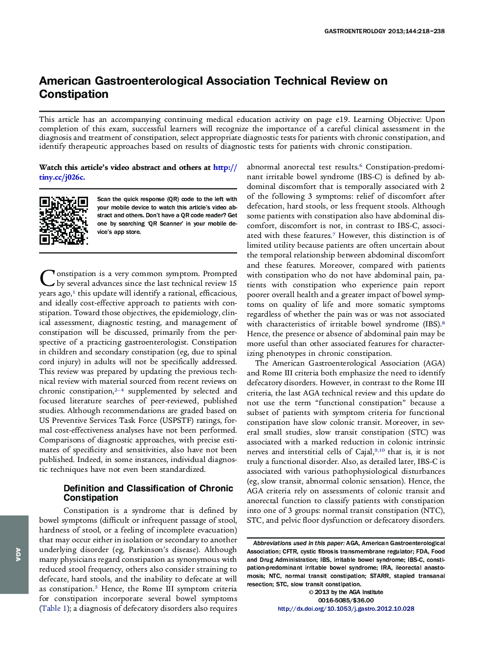 American Gastroenterological Association Technical Review on Constipation