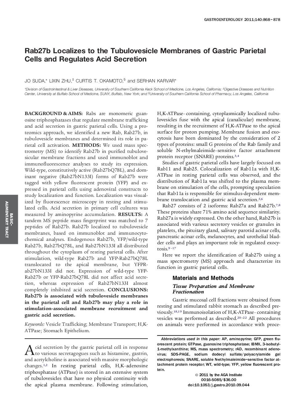 Rab27b Localizes to the Tubulovesicle Membranes of Gastric Parietal Cells and Regulates Acid Secretion