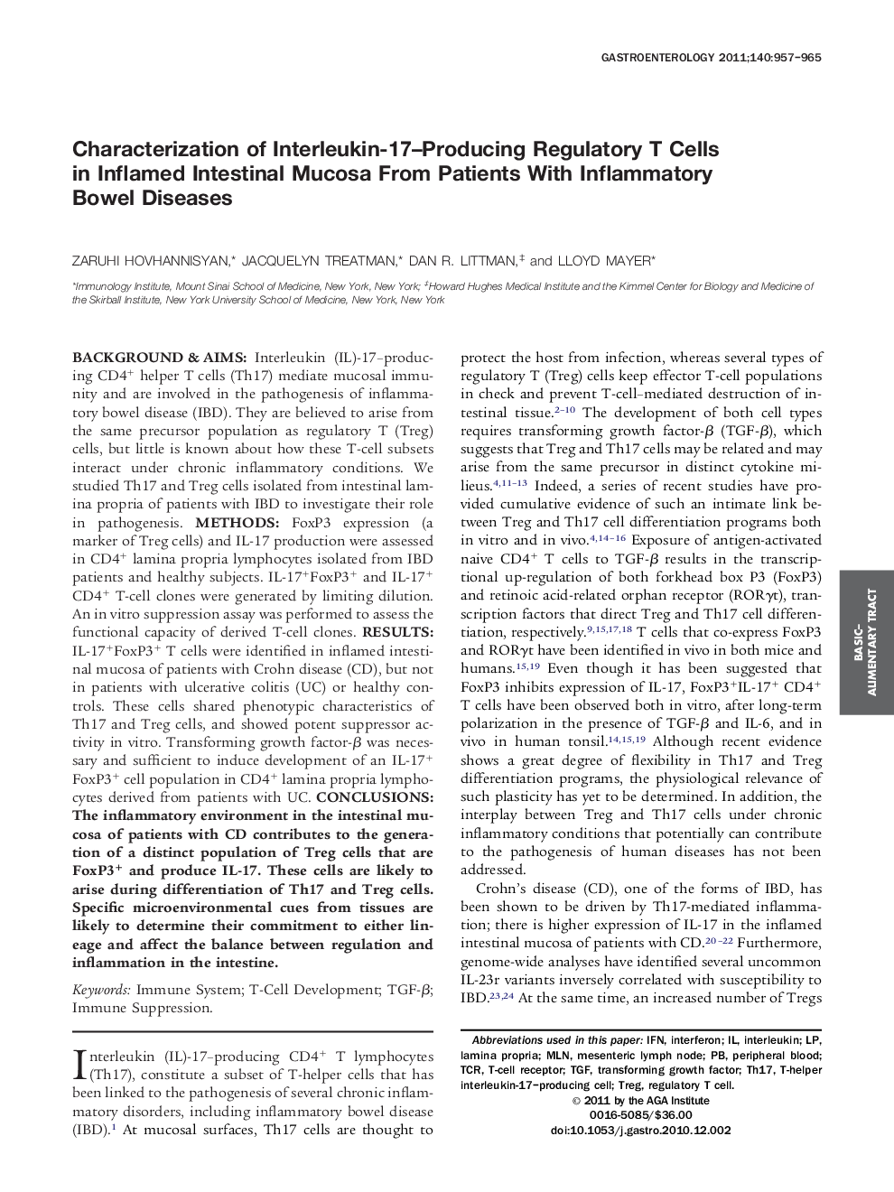 Characterization of Interleukin-17–Producing Regulatory T Cells in Inflamed Intestinal Mucosa From Patients With Inflammatory Bowel Diseases 