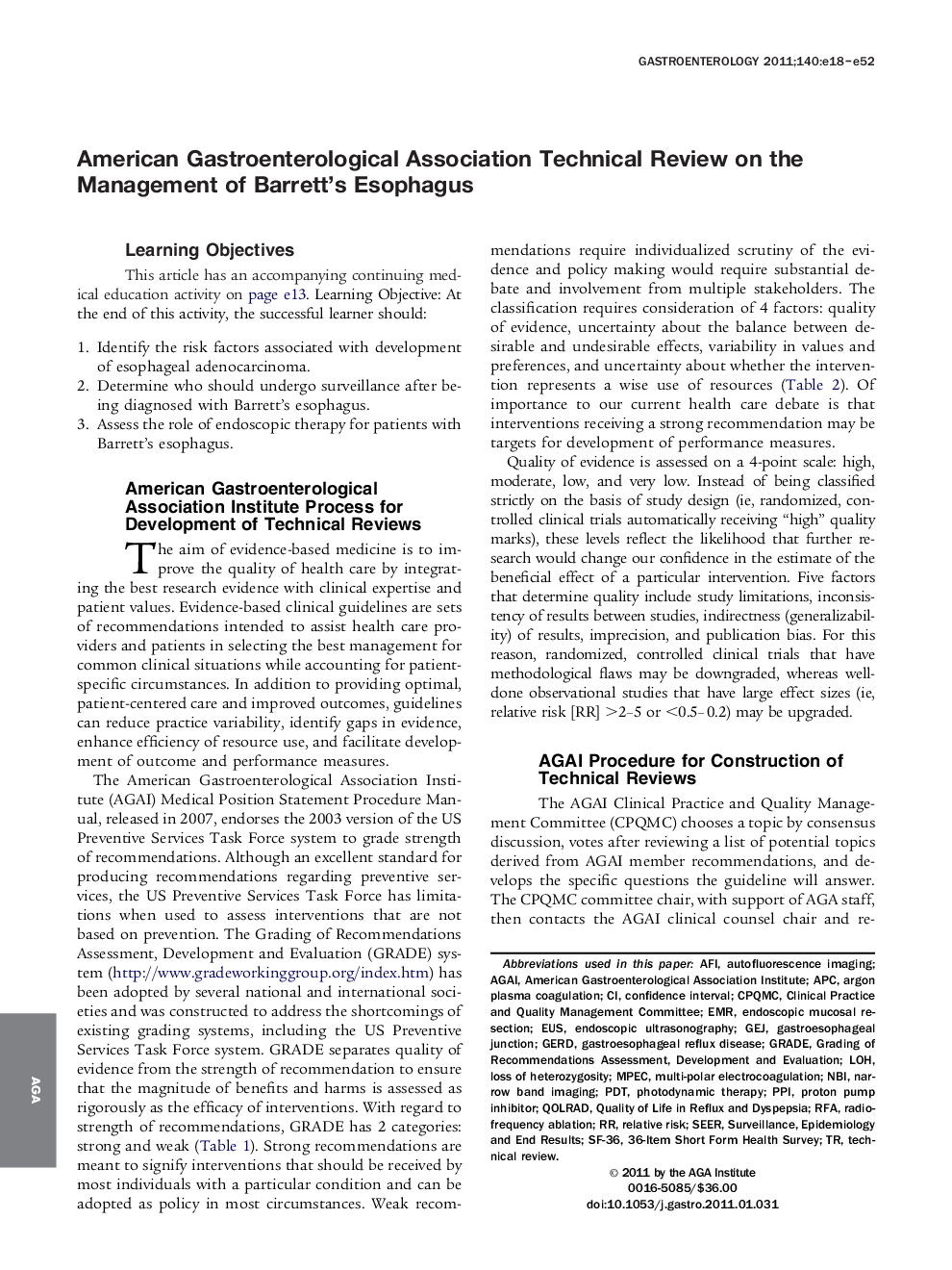 American Gastroenterological Association Technical Review on the Management of Barrett's Esophagus