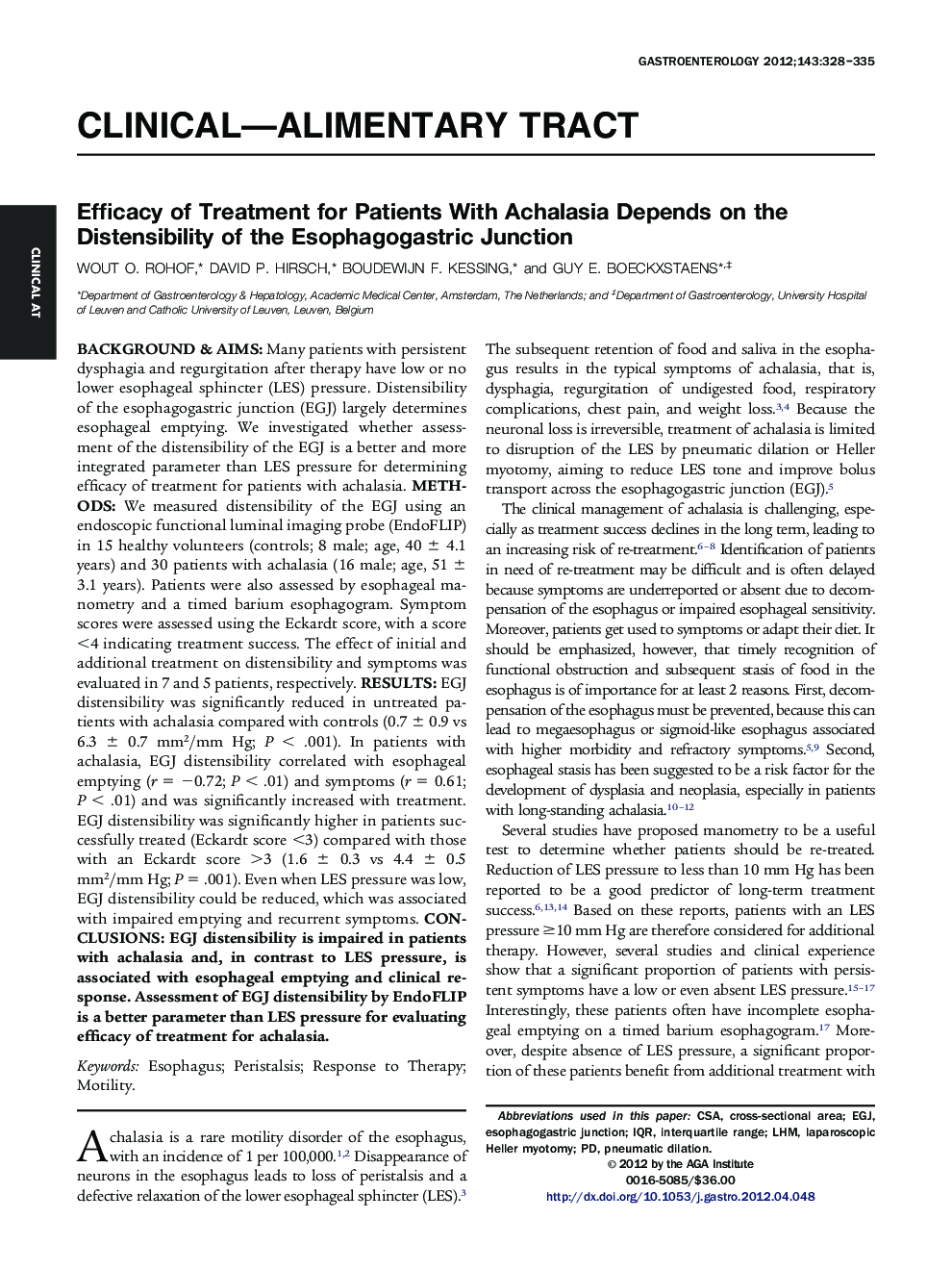 Efficacy of Treatment for Patients With Achalasia Depends on the Distensibility of the Esophagogastric Junction 