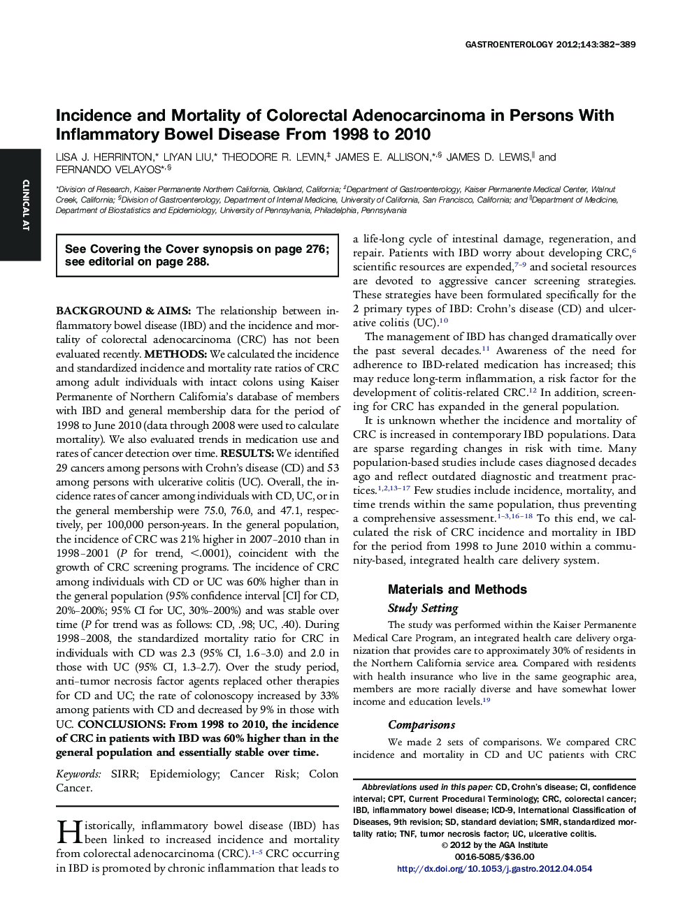 Incidence and Mortality of Colorectal Adenocarcinoma in Persons With Inflammatory Bowel Disease From 1998 to 2010 