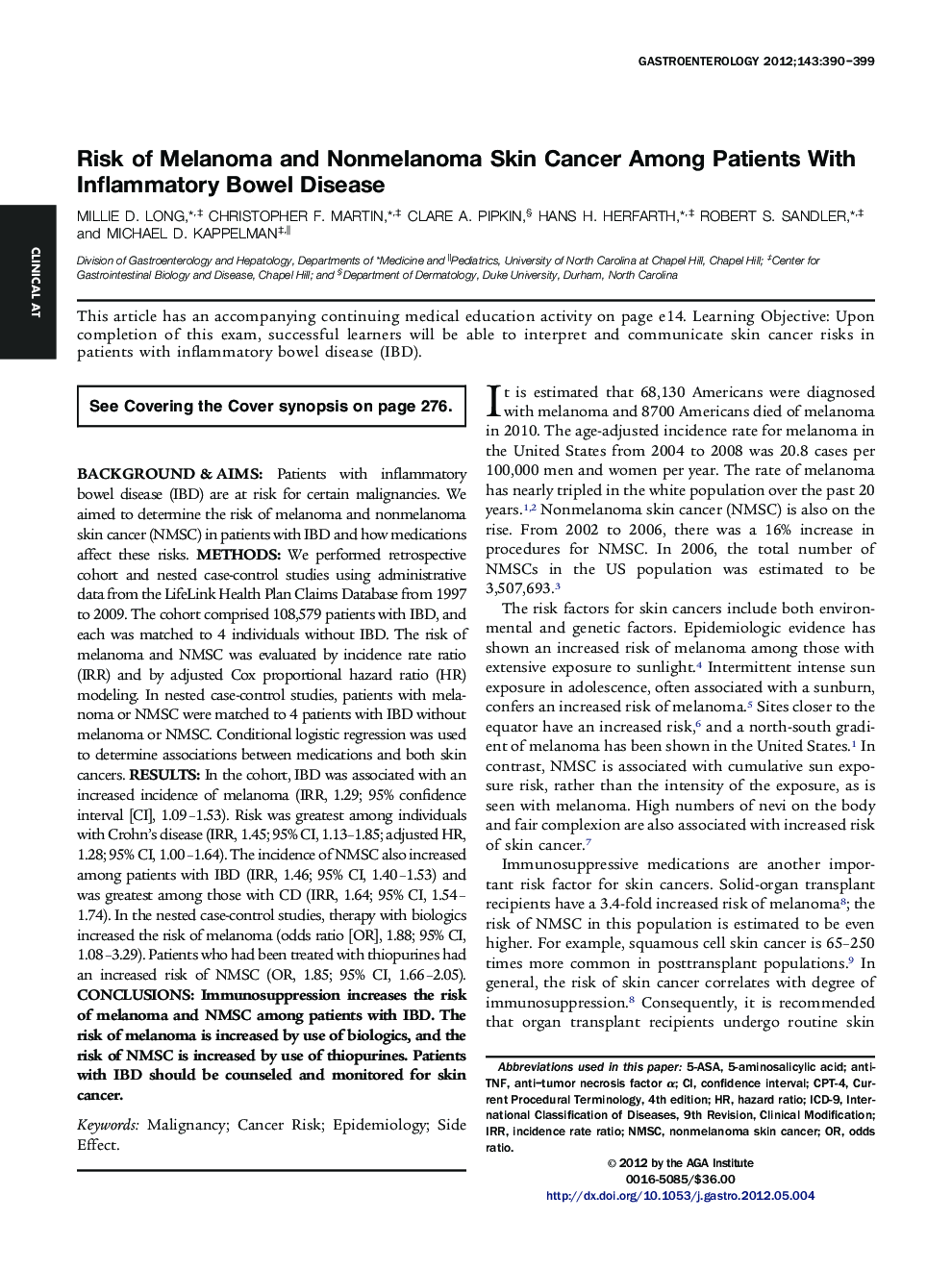 Risk of Melanoma and Nonmelanoma Skin Cancer Among Patients With Inflammatory Bowel Disease