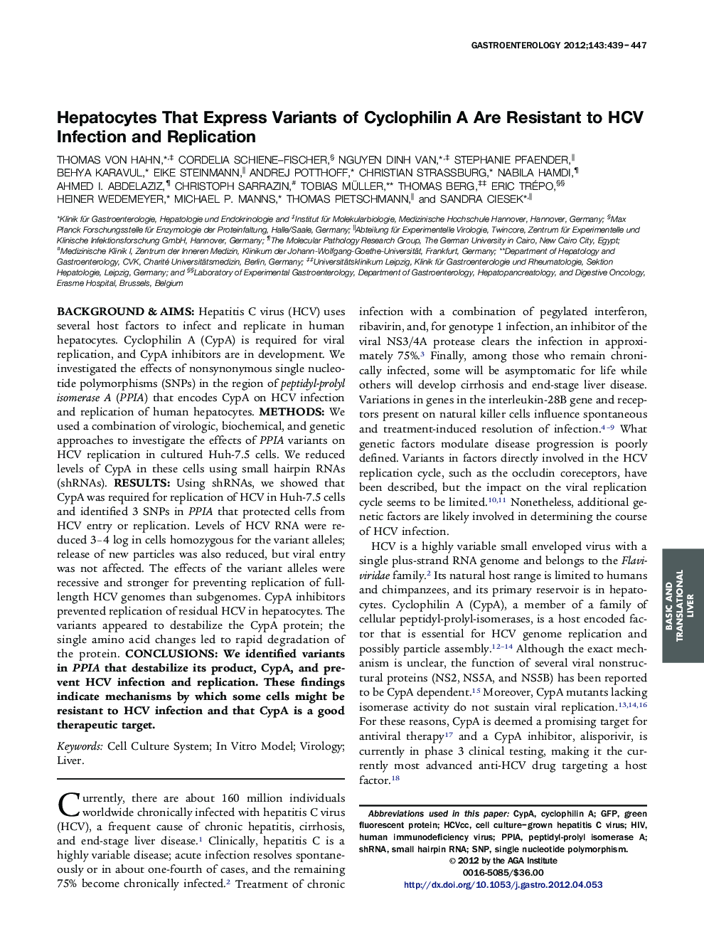 Hepatocytes That Express Variants of Cyclophilin A Are Resistant to HCV Infection and Replication