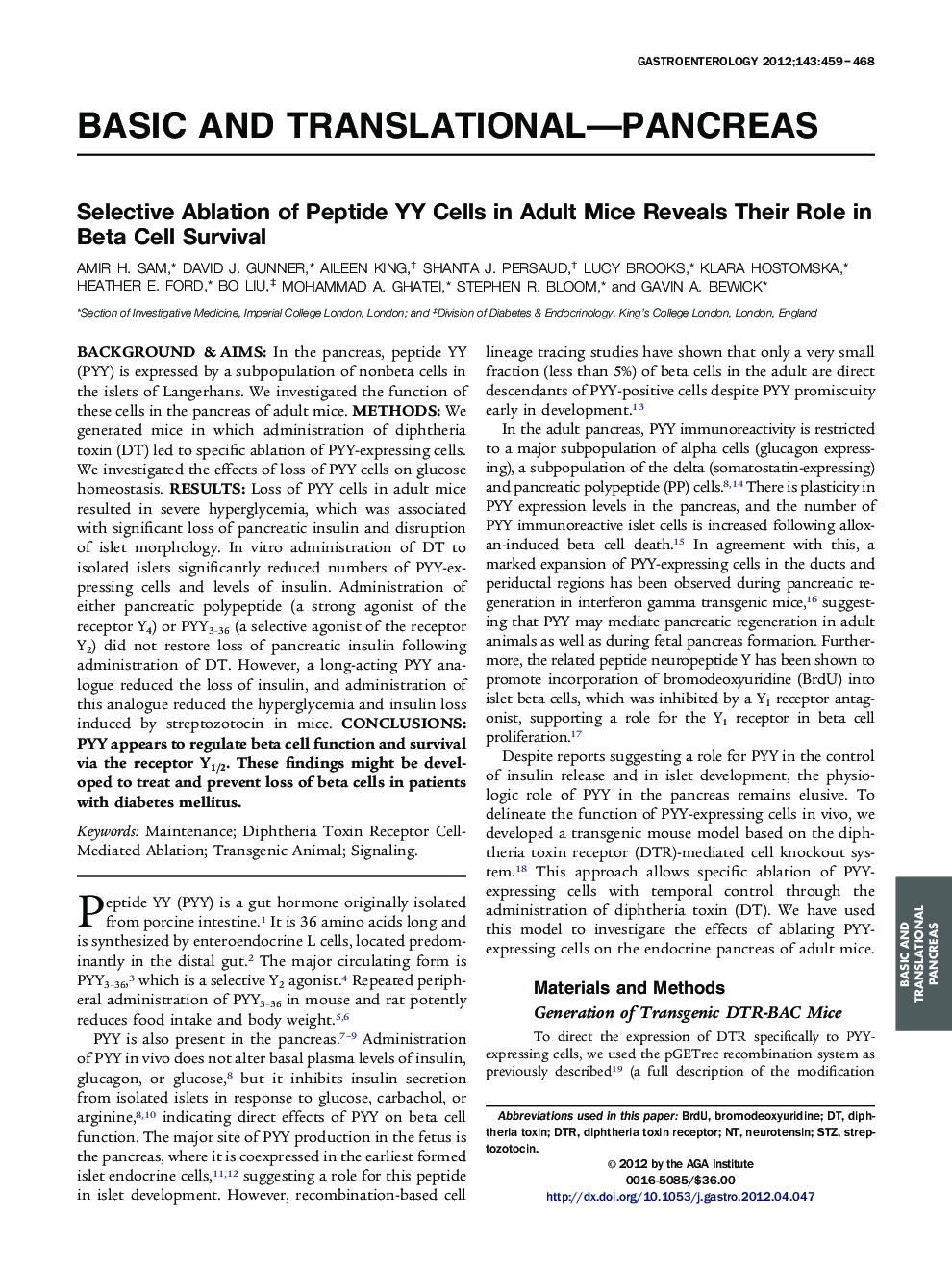 Selective Ablation of Peptide YY Cells in Adult Mice Reveals Their Role in Beta Cell Survival 