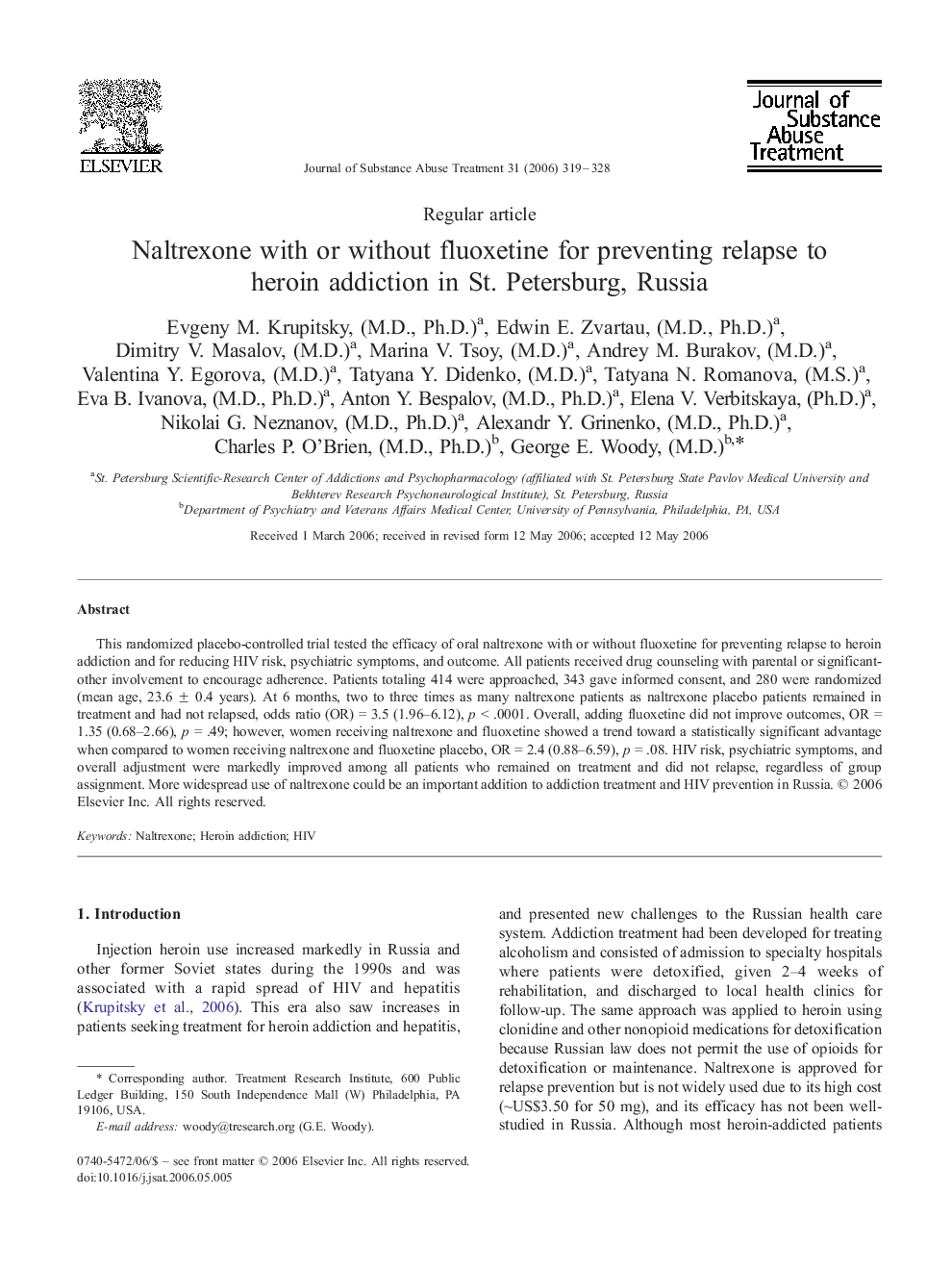 Naltrexone with or without fluoxetine for preventing relapse to heroin addiction in St. Petersburg, Russia