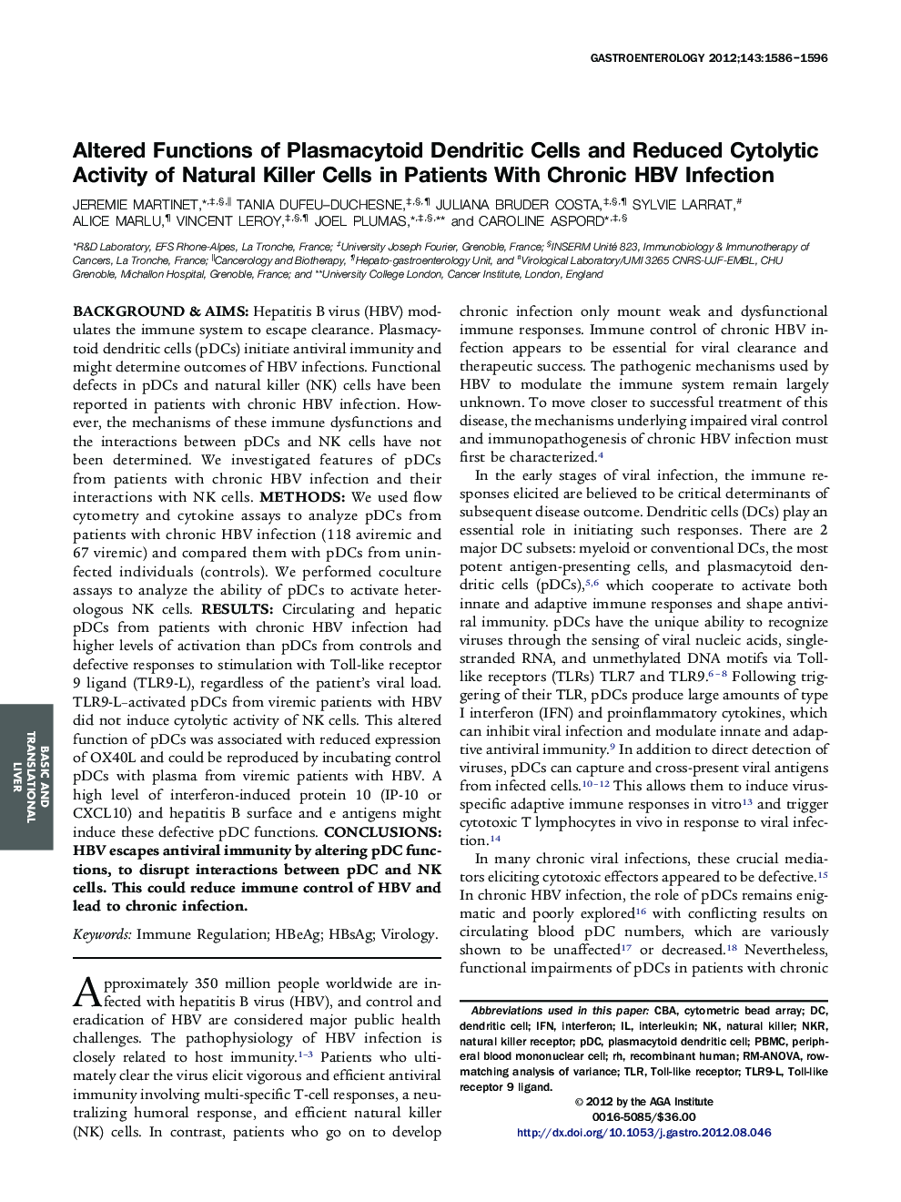 Altered Functions of Plasmacytoid Dendritic Cells and Reduced Cytolytic Activity of Natural Killer Cells in Patients With Chronic HBV Infection