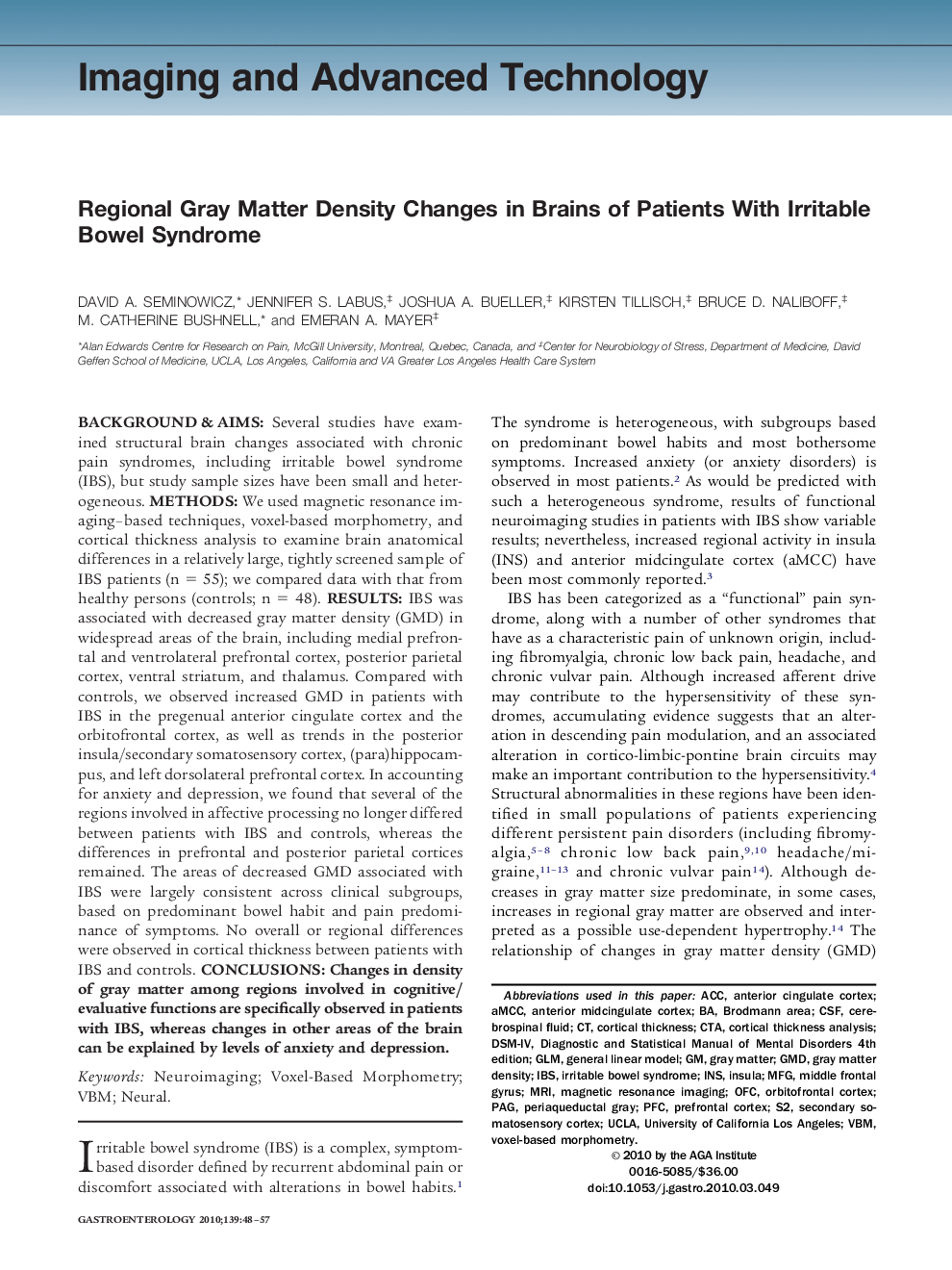 Regional Gray Matter Density Changes in Brains of Patients With Irritable Bowel Syndrome