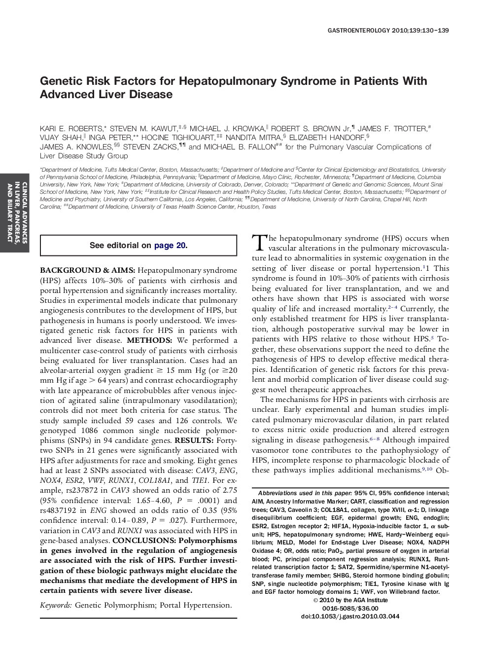 Genetic Risk Factors for Hepatopulmonary Syndrome in Patients With Advanced Liver Disease