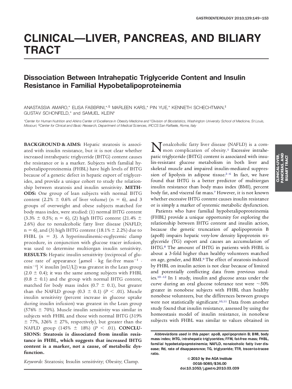 Dissociation Between Intrahepatic Triglyceride Content and Insulin Resistance in Familial Hypobetalipoproteinemia 