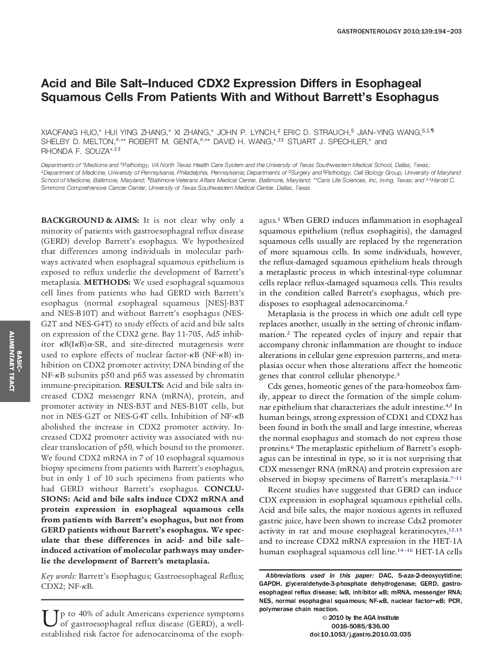 Acid and Bile Salt-Induced CDX2 Expression Differs in Esophageal Squamous Cells From Patients With and Without Barrett's Esophagus