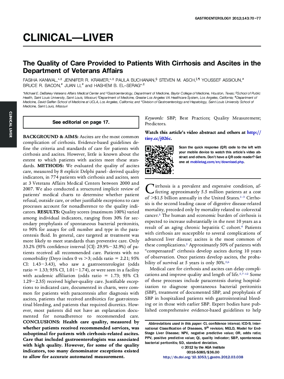 The Quality of Care Provided to Patients With Cirrhosis and Ascites in the Department of Veterans Affairs 