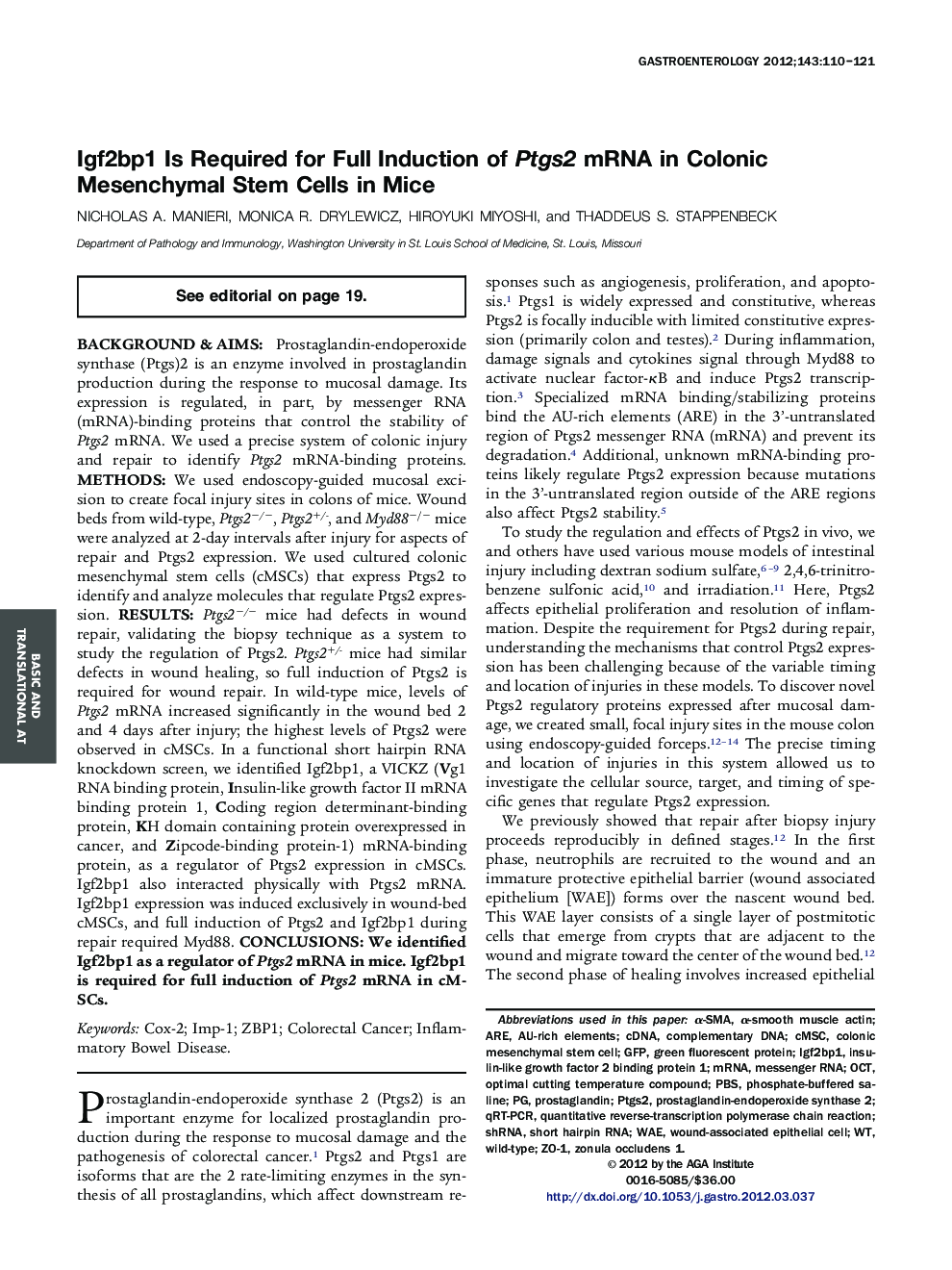 Igf2bp1 Is Required for Full Induction of Ptgs2 mRNA in Colonic Mesenchymal Stem Cells in Mice