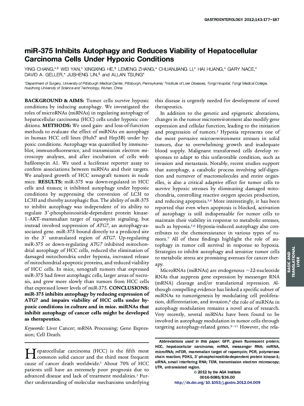 miR-375 Inhibits Autophagy and Reduces Viability of Hepatocellular Carcinoma Cells Under Hypoxic Conditions