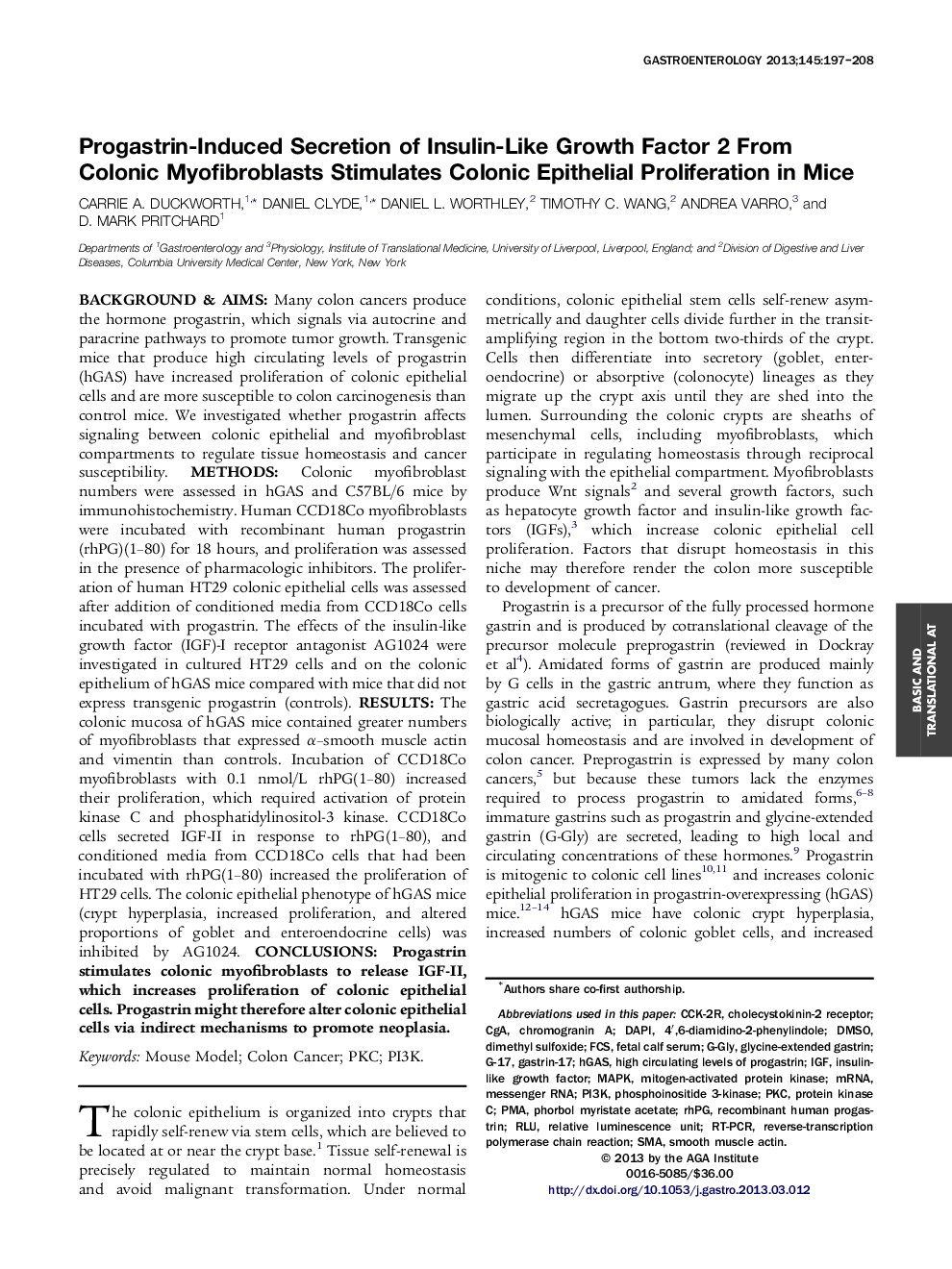 Progastrin-Induced Secretion of Insulin-Like Growth Factor 2 From Colonic Myofibroblasts Stimulates Colonic Epithelial Proliferation in Mice