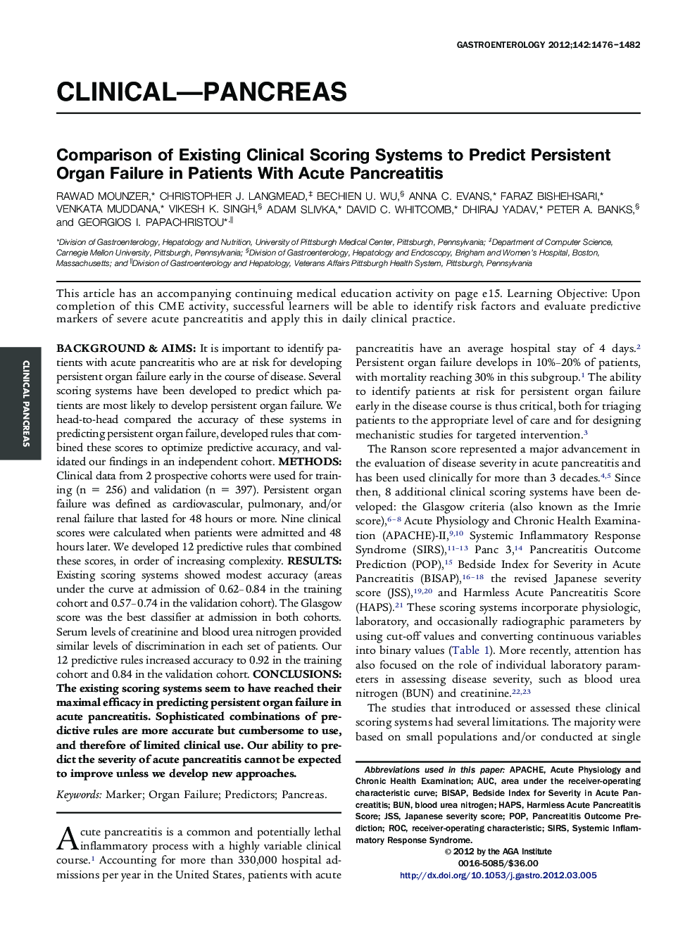 Comparison of Existing Clinical Scoring Systems to Predict Persistent Organ Failure in Patients With Acute Pancreatitis 