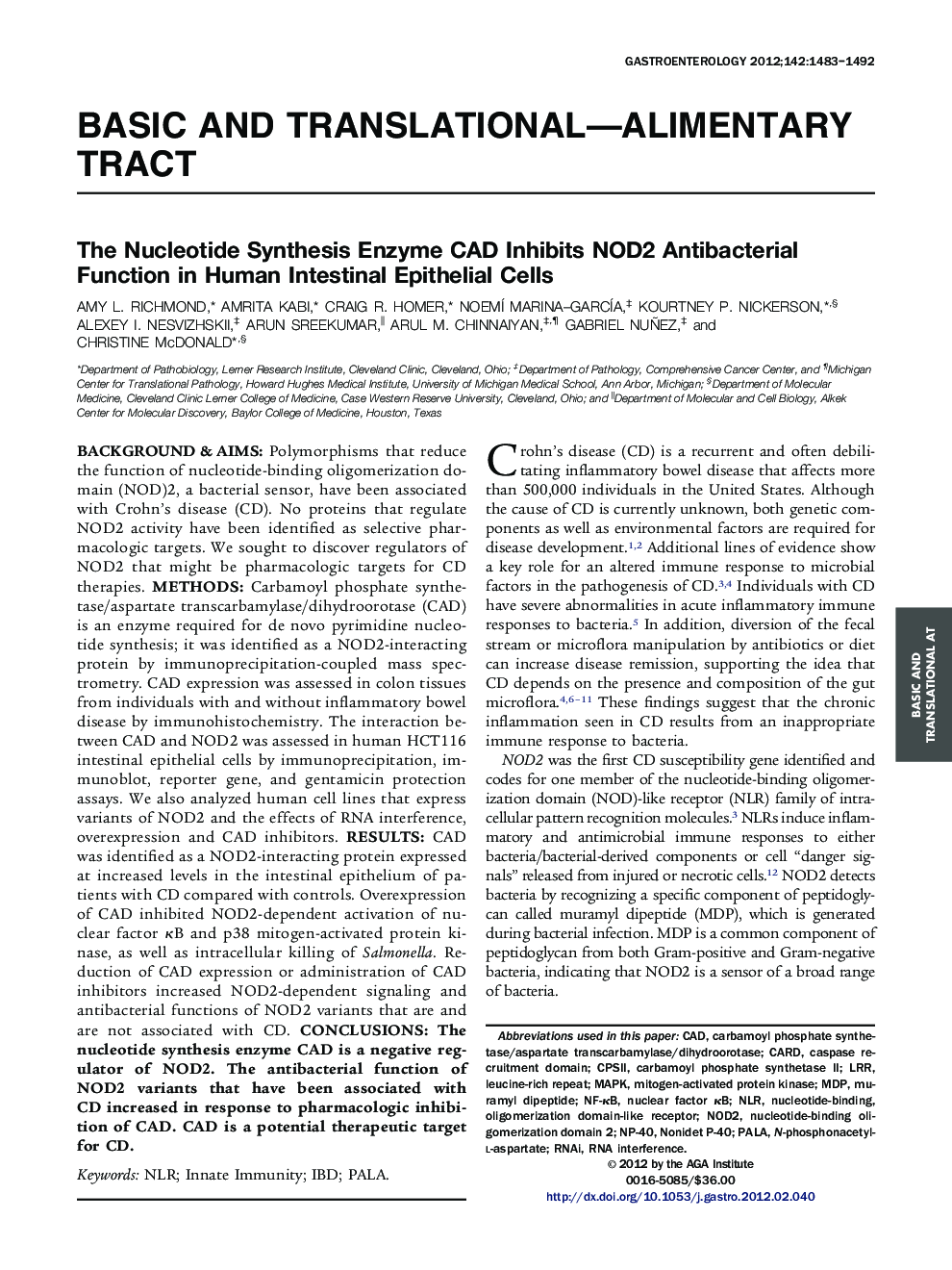 The Nucleotide Synthesis Enzyme CAD Inhibits NOD2 Antibacterial Function in Human Intestinal Epithelial Cells