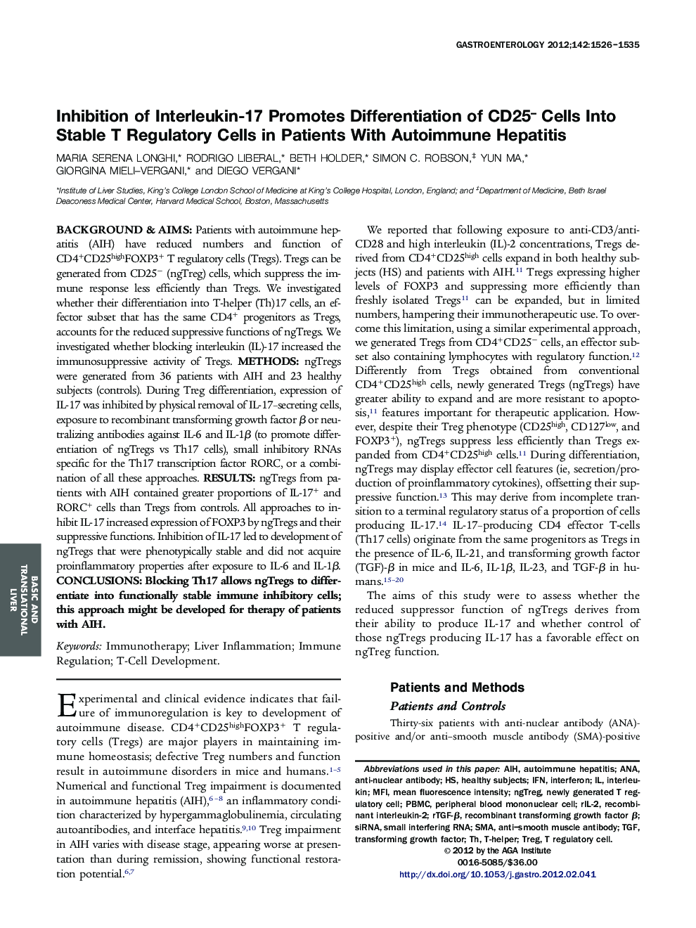 Inhibition of Interleukin-17 Promotes Differentiation of CD25- Cells Into Stable T Regulatory Cells in Patients With Autoimmune Hepatitis