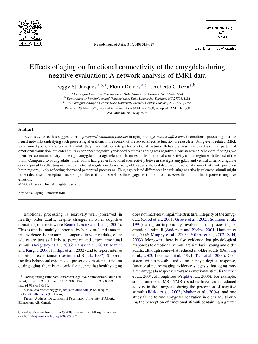 Effects of aging on functional connectivity of the amygdala during negative evaluation: A network analysis of fMRI data