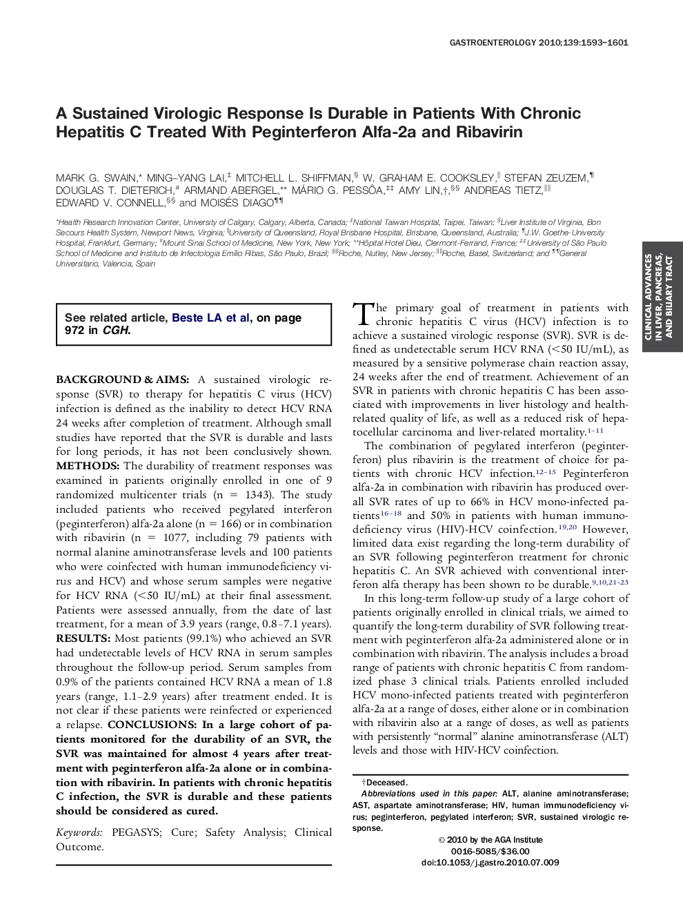 A Sustained Virologic Response Is Durable in Patients With Chronic Hepatitis C Treated With Peginterferon Alfa-2a and Ribavirin 