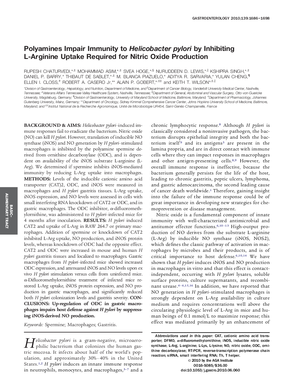 Polyamines Impair Immunity to Helicobacter pylori by Inhibiting L-Arginine Uptake Required for Nitric Oxide Production