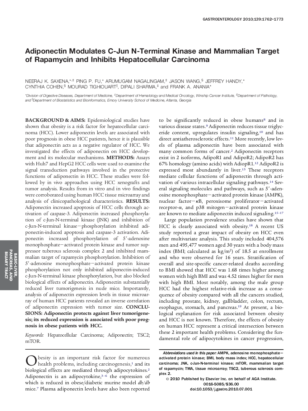 Adiponectin Modulates C-Jun N-Terminal Kinase and Mammalian Target of Rapamycin and Inhibits Hepatocellular Carcinoma