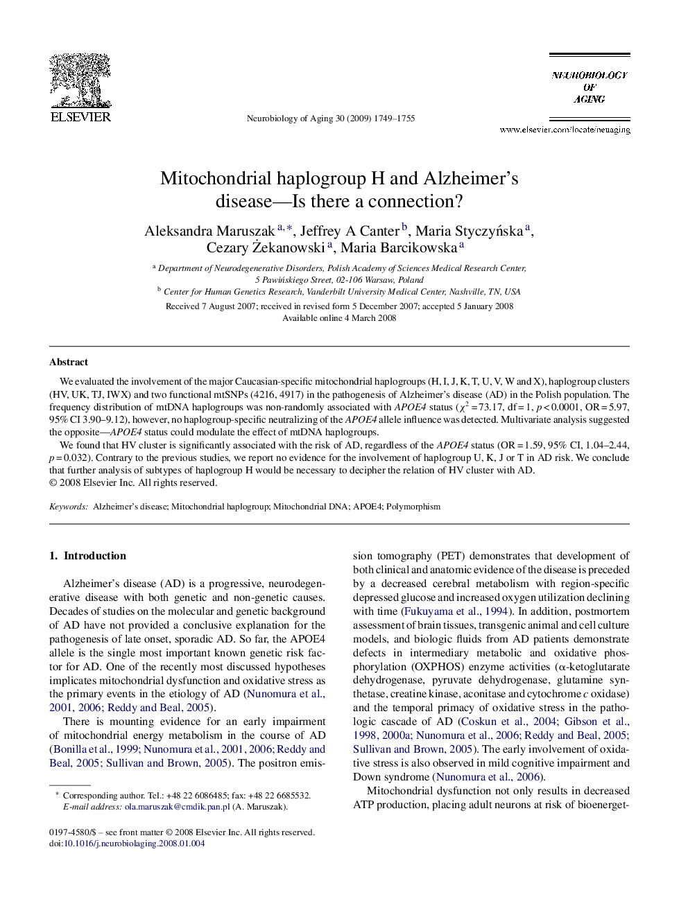 Mitochondrial haplogroup H and Alzheimer's disease—Is there a connection?