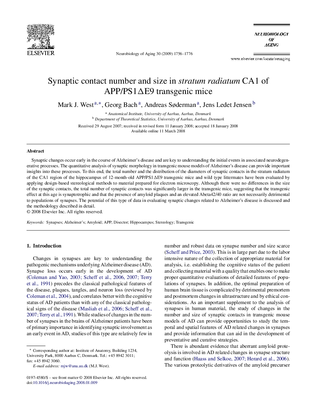 Synaptic contact number and size in stratum radiatum CA1 of APP/PS1ΔE9 transgenic mice