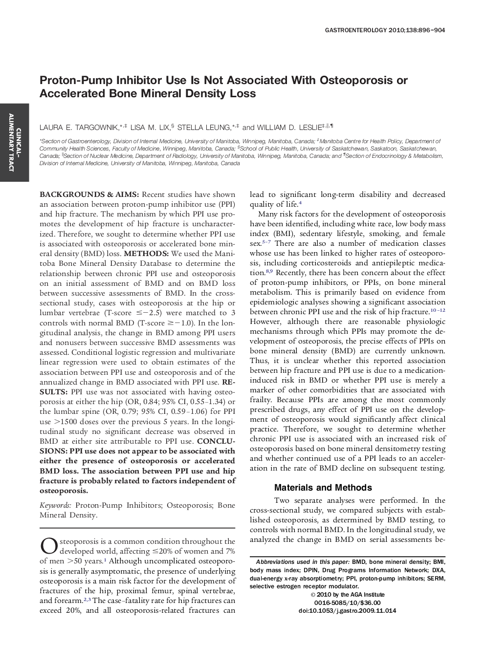 Proton-Pump Inhibitor Use Is Not Associated With Osteoporosis or Accelerated Bone Mineral Density Loss 