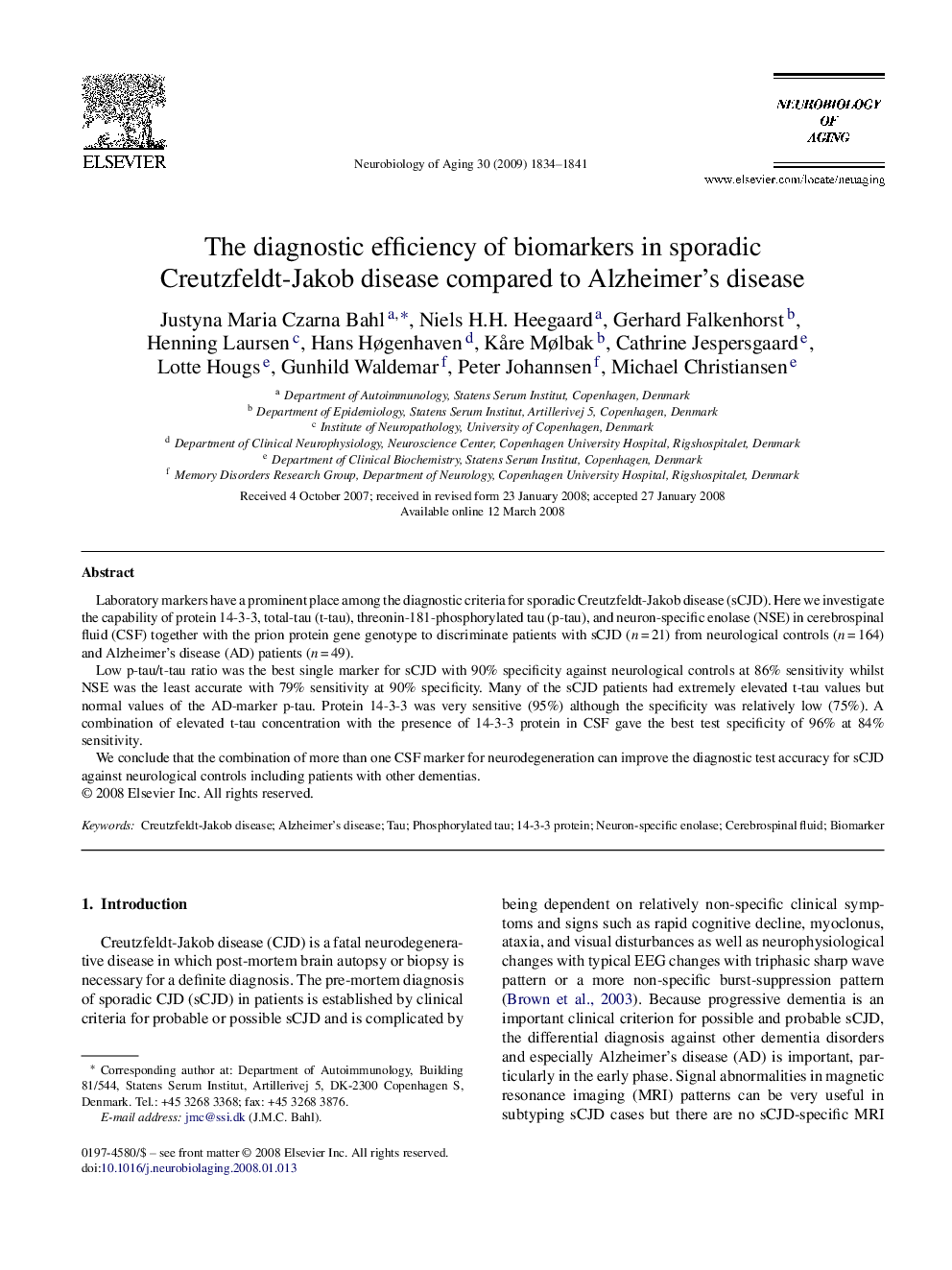 The diagnostic efficiency of biomarkers in sporadic Creutzfeldt-Jakob disease compared to Alzheimer's disease