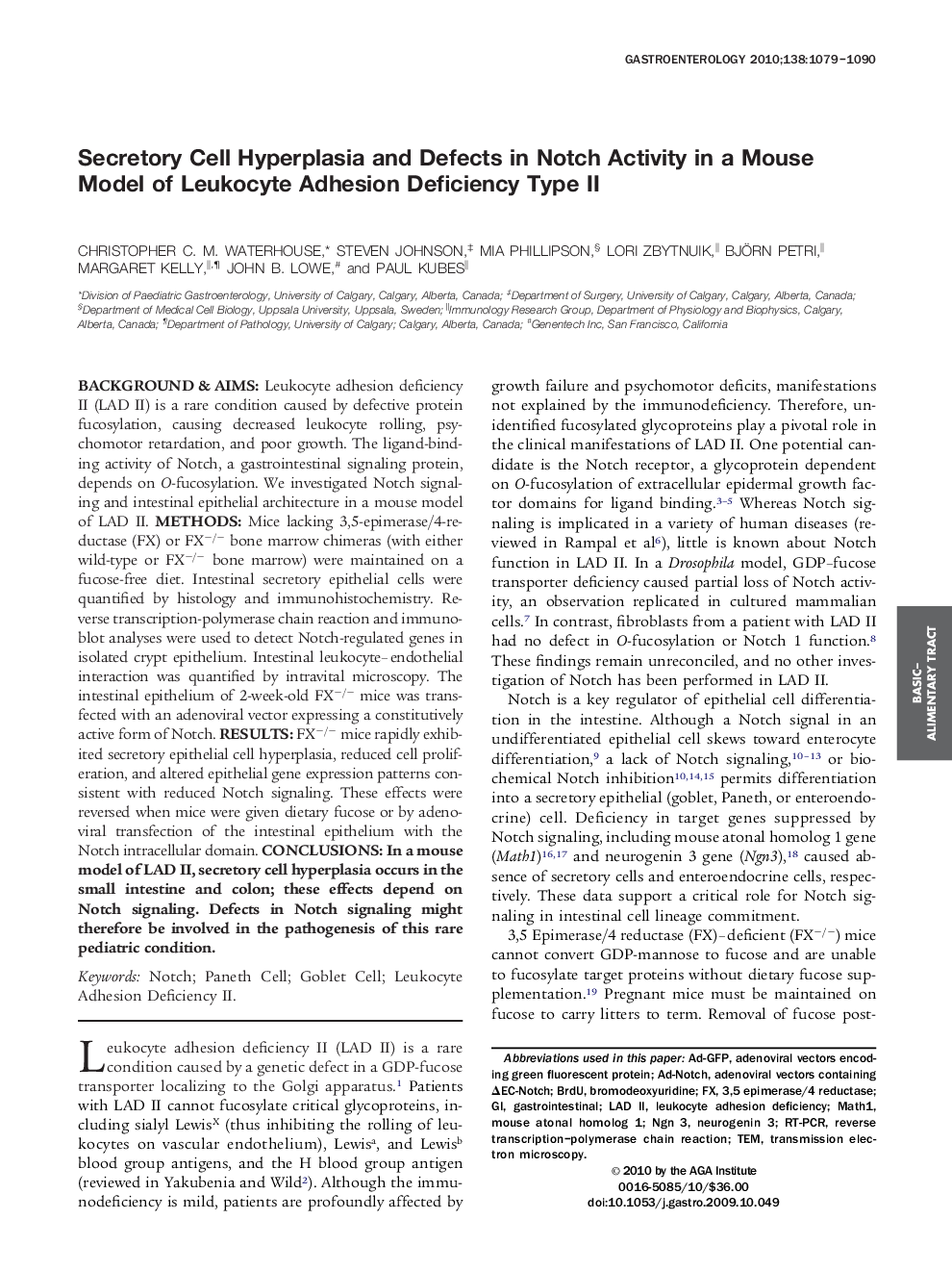 Secretory Cell Hyperplasia and Defects in Notch Activity in a Mouse Model of Leukocyte Adhesion Deficiency Type II