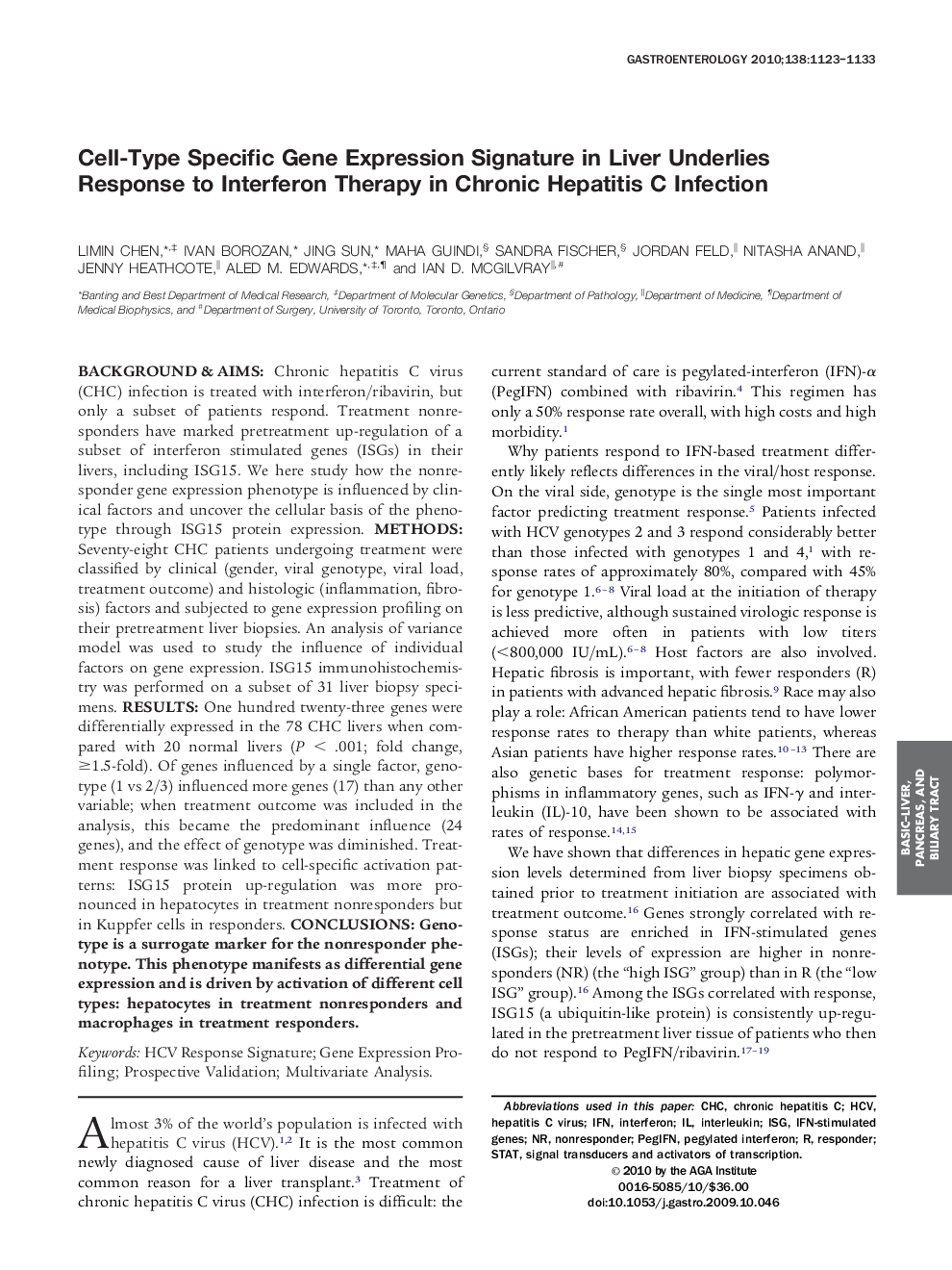 Cell-Type Specific Gene Expression Signature in Liver Underlies Response to Interferon Therapy in Chronic Hepatitis C Infection