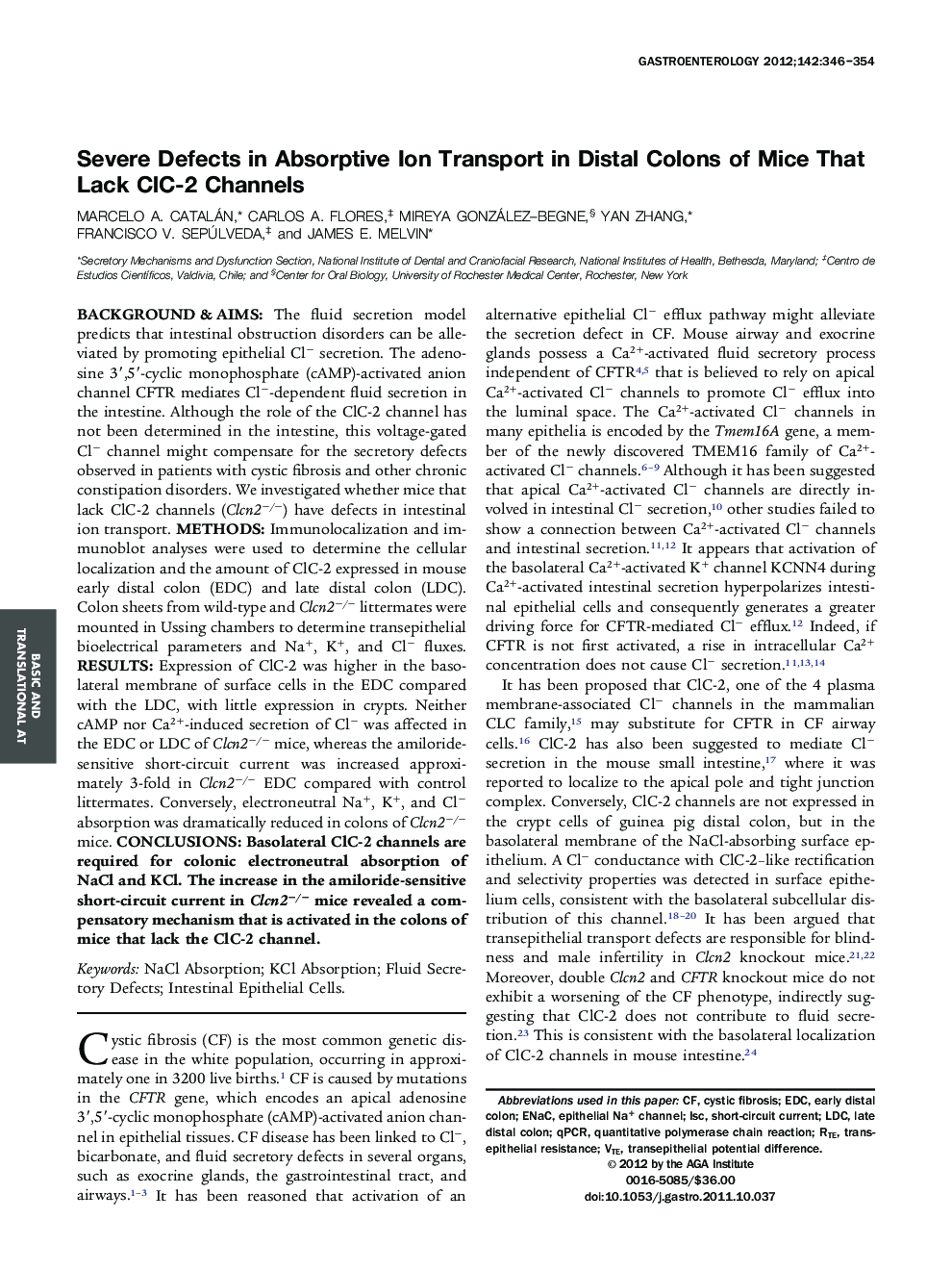 Severe Defects in Absorptive Ion Transport in Distal Colons of Mice That Lack ClC-2 Channels 