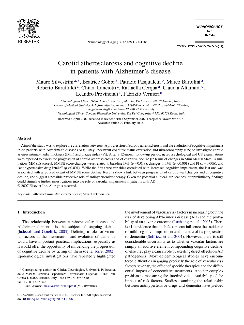 Carotid atherosclerosis and cognitive decline in patients with Alzheimer's disease