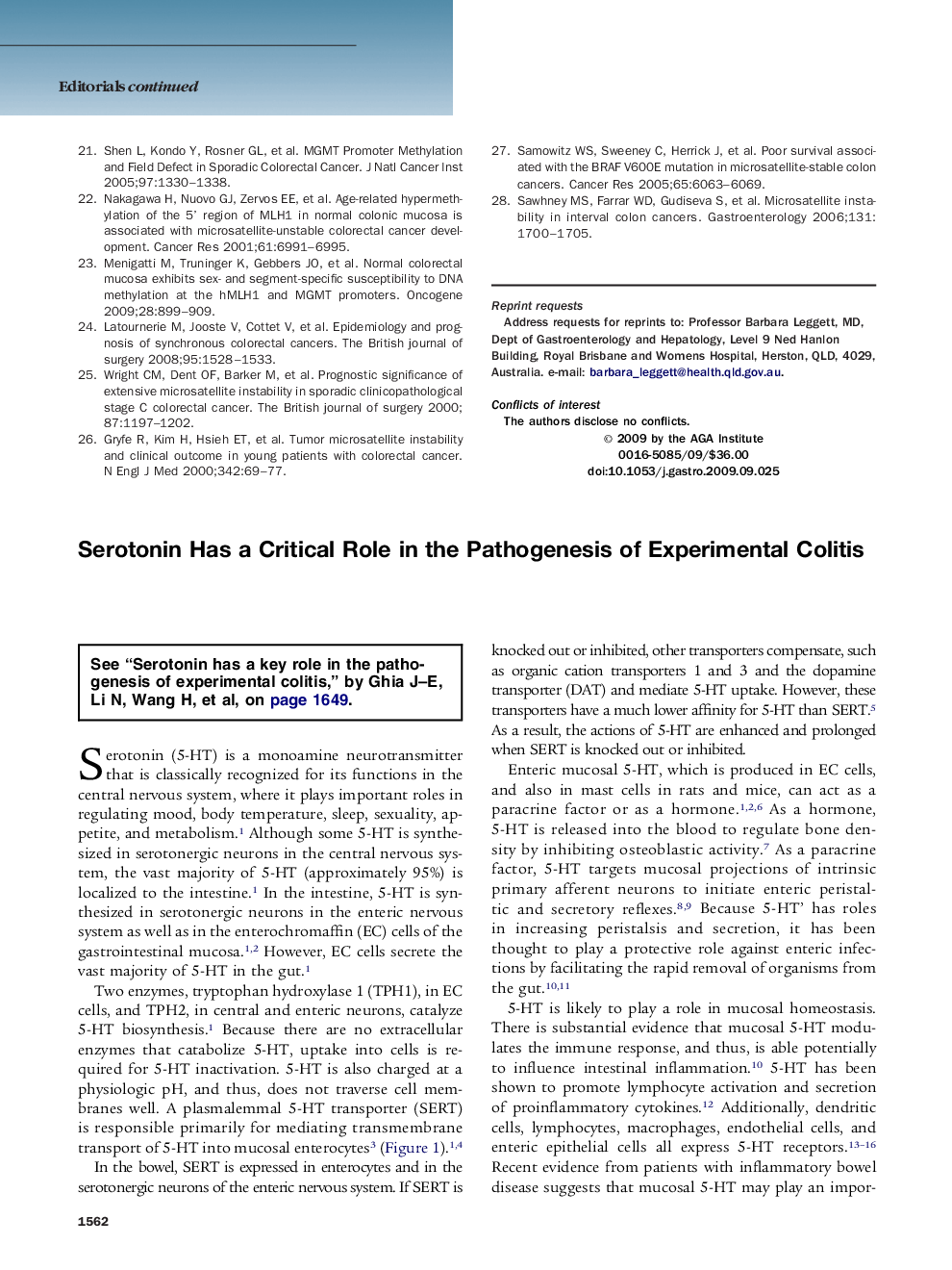 Serotonin Has a Critical Role in the Pathogenesis of Experimental Colitis