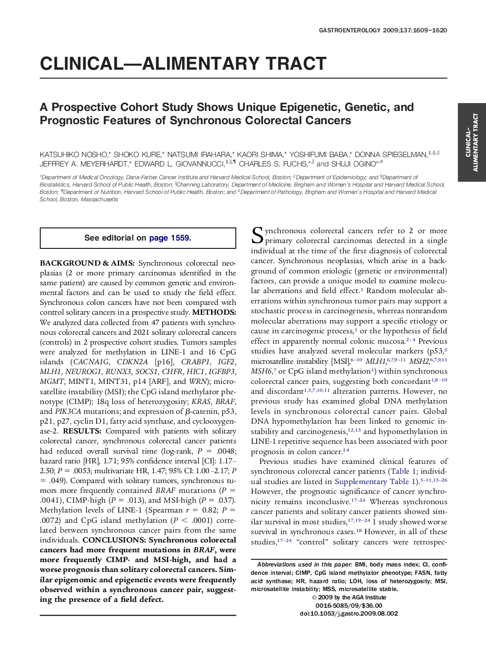 A Prospective Cohort Study Shows Unique Epigenetic, Genetic, and Prognostic Features of Synchronous Colorectal Cancers