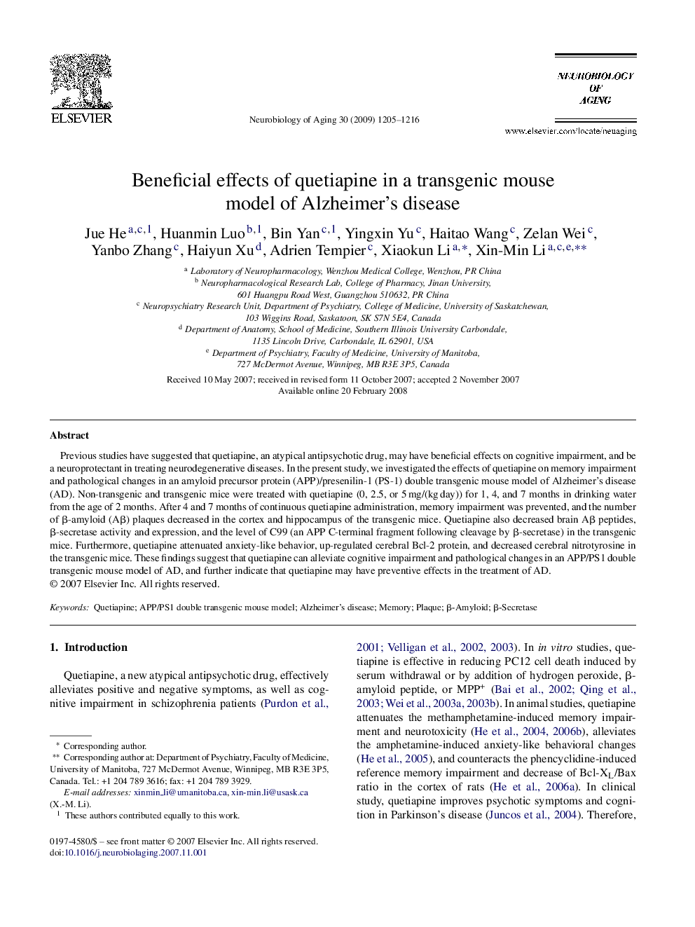 Beneficial effects of quetiapine in a transgenic mouse model of Alzheimer's disease