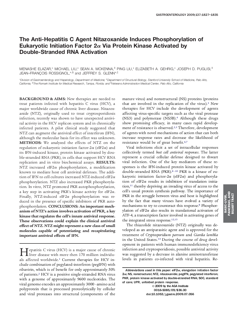 The Anti-Hepatitis C Agent Nitazoxanide Induces Phosphorylation of Eukaryotic Initiation Factor 2α Via Protein Kinase Activated by Double-Stranded RNA Activation 