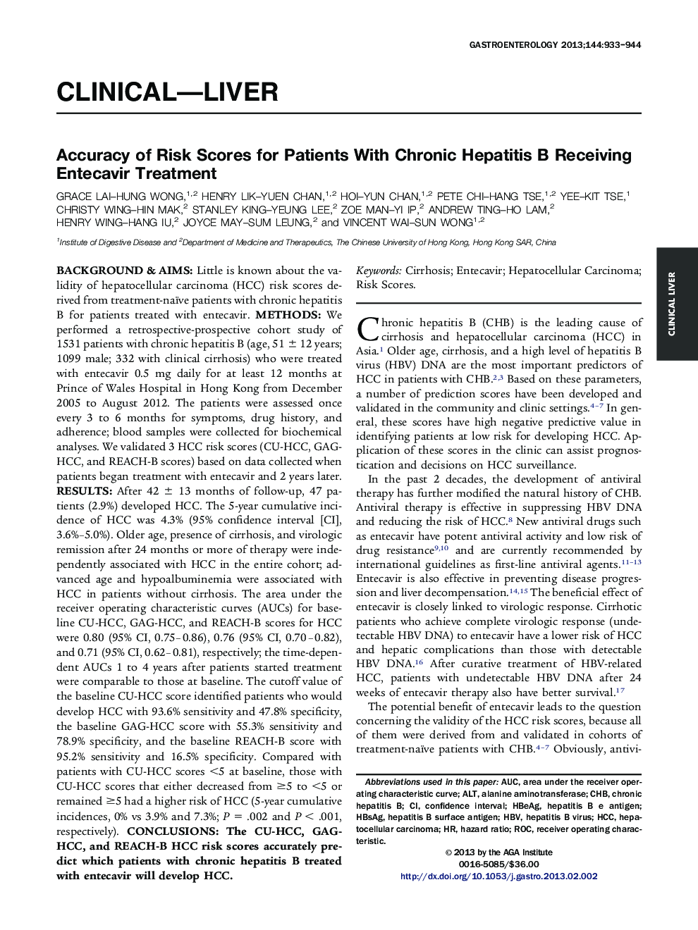 Accuracy of Risk Scores for Patients With Chronic Hepatitis B Receiving Entecavir Treatment 