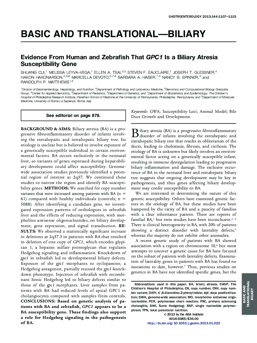 Evidence From Human and Zebrafish That GPC1 Is a Biliary Atresia Susceptibility Gene