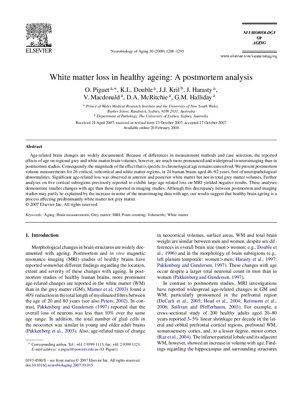 White matter loss in healthy ageing: A postmortem analysis